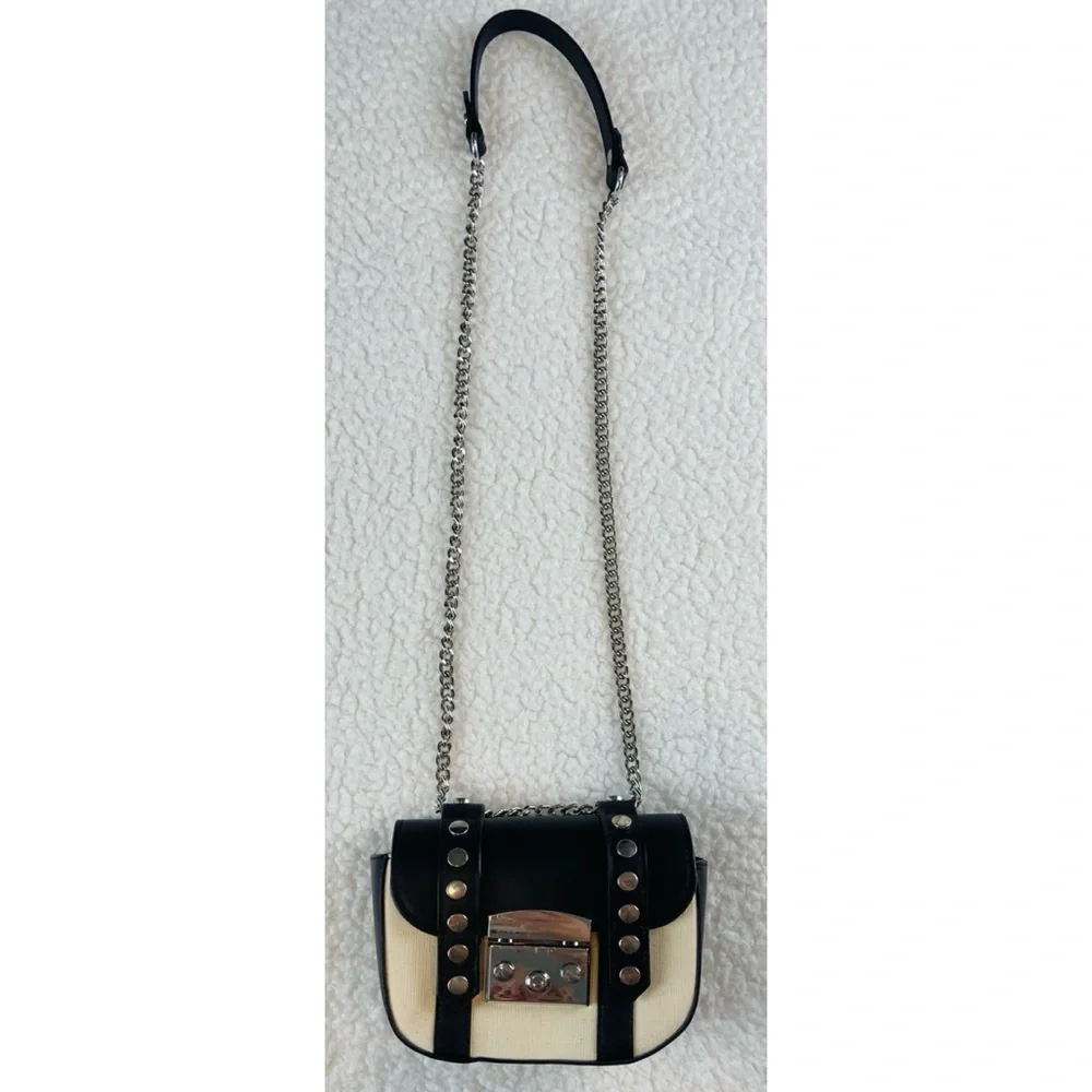 ZARA • Black/Cream Faux Leather and Canvas Studded Mini Chainlink Crossbody Bag - Picture 13 of 16